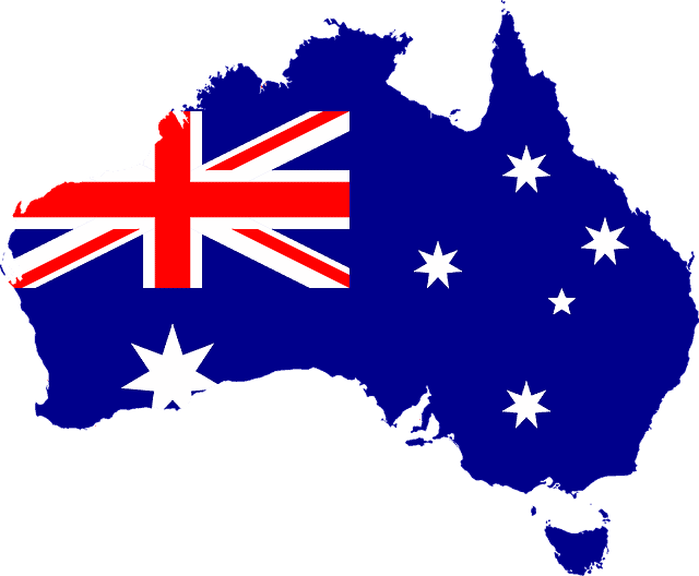 Map of Australia featuring its flag and stars.